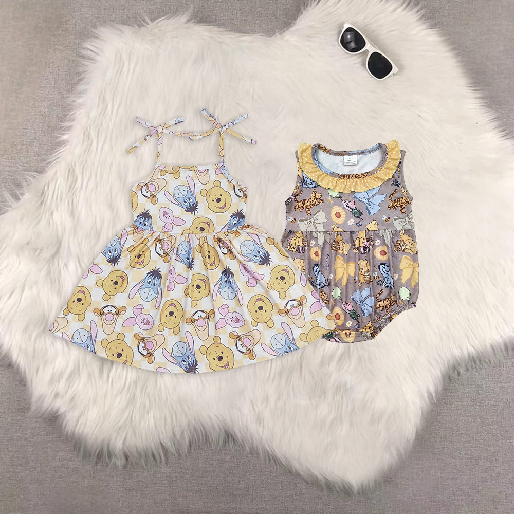 RTS NO MOQ Sibling Cute Clothes Baby Girls Sweet Strap Dresses Knee Length And Sleeveless Ruffle Rompers