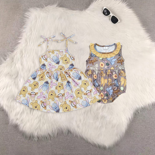 RTS NO MOQ Sibling Cute Clothes Baby Girls Sweet Strap Dresses Knee Length And Sleeveless Ruffle Rompers