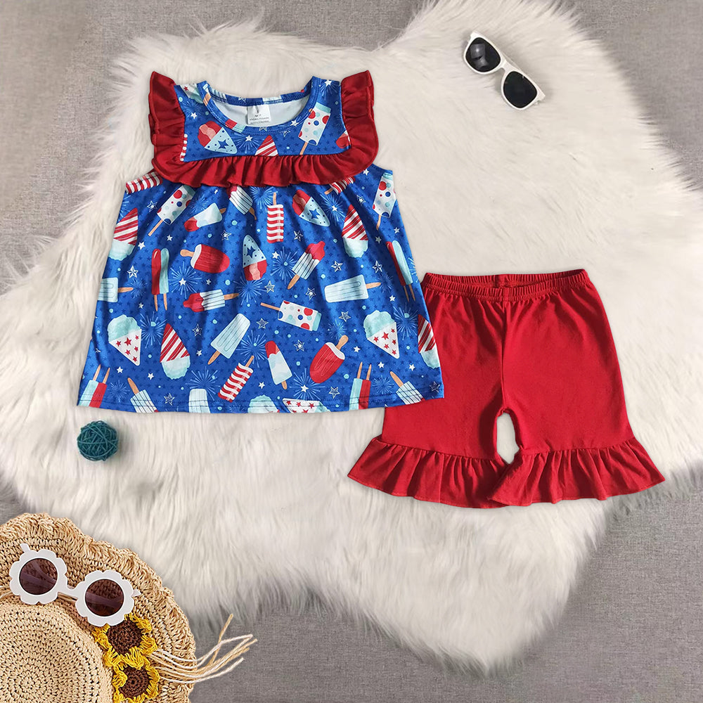RTS NO MOQ Baby girl clothes 4th of july Short Sleeve shorts Suit
