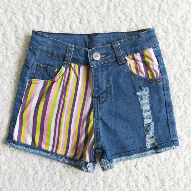 RTS NO MOQ Sibling Baby Girls half stripe blue denim shorts