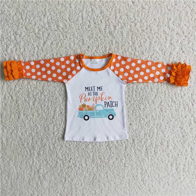 SALES  NEW Baby Girls Long Sleeve Tee Shirts Orange Dots Infant Pumpkin Tractor Tops for Girls