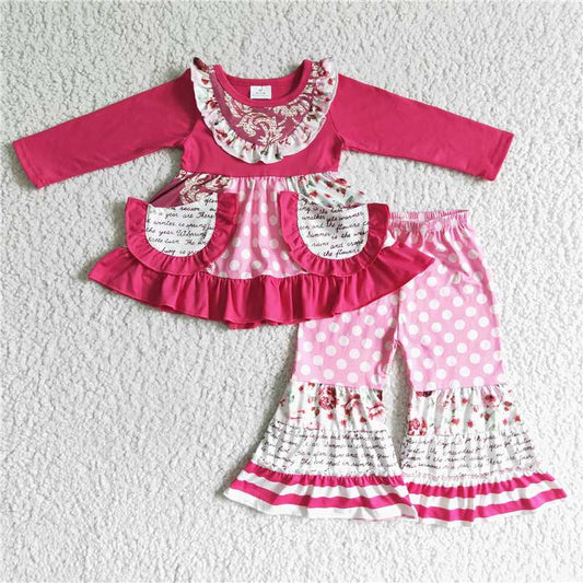 6 B12-1 Baby Girls Patchwork Long Sleeve Top With Side Pockets Elastic Waist Pants Set