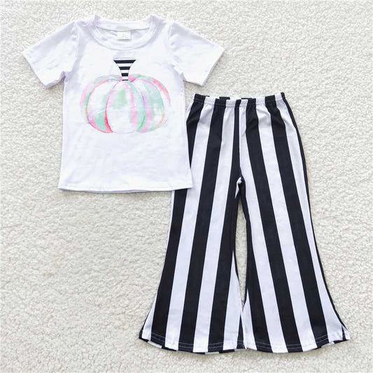 SALES NEW Baby Watercolor Pumpkin Long Sleeve Top Black White Striped Shorts Outfit for Infants Unisex Baby Clothing Set