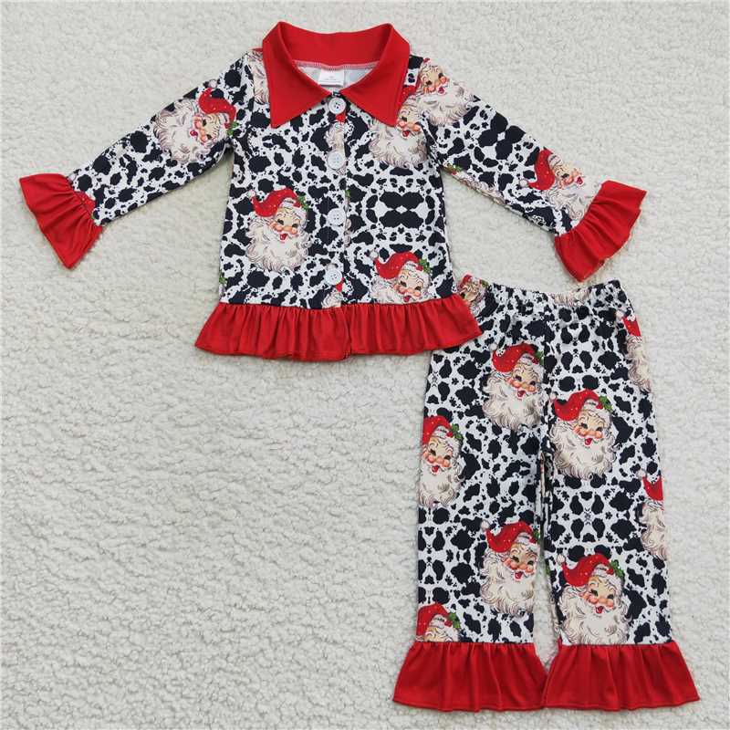 Kids Cow Print Santa Christmas Collection - Girl Ruffle Button PJ Set & Boy Cuff Button PJ Set