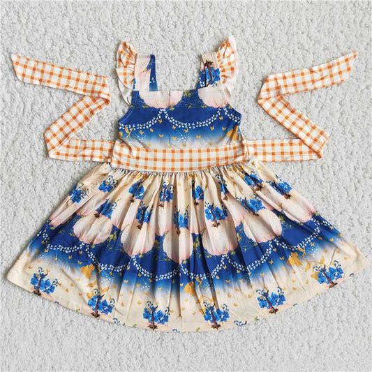 SALES  NEW Blue Flower Print Dress with Belt Beautiful  Casual Maxi Summer Gown