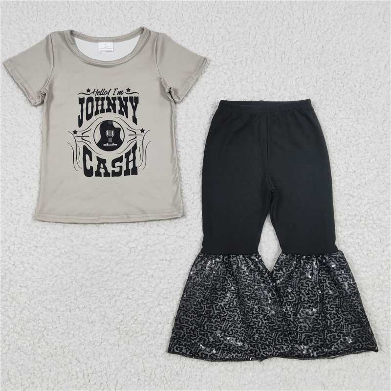 SALES NEW Light Gray Short Sleeve Top And Black Sequin Pants Set for Baby Girls Cute And Outfit Combination