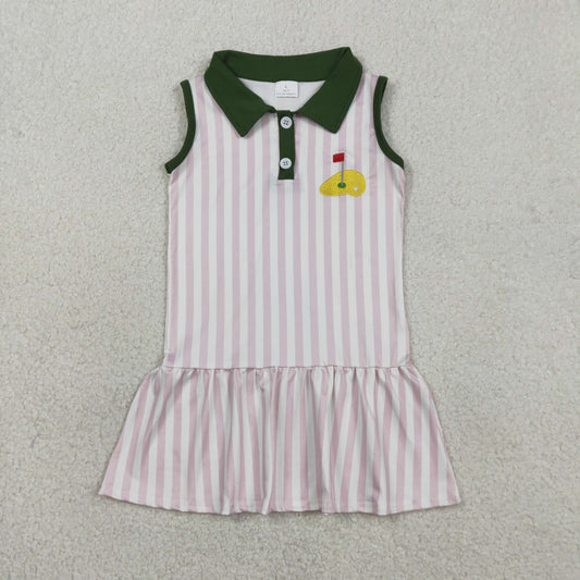 RTS NO MOQ（In Stock ) GSD3142 Embroidered Golf Course Red Flag Pink Vertical Striped Button-Down Neckline Sleeveless Dress
