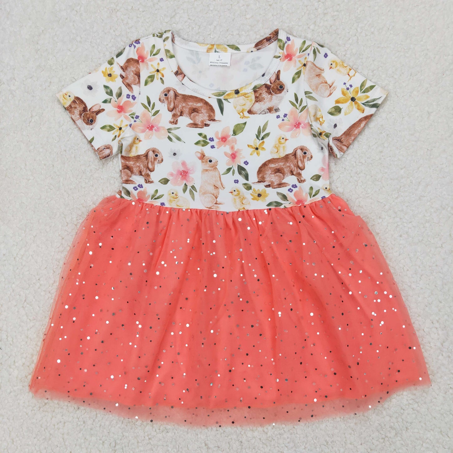 RTS NO MOQ GSD2445 Flower bunny sequin orange-red tulle short-sleeved dress