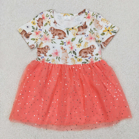 RTS NO MOQ GSD2445 Flower bunny sequin orange-red tulle short-sleeved dress