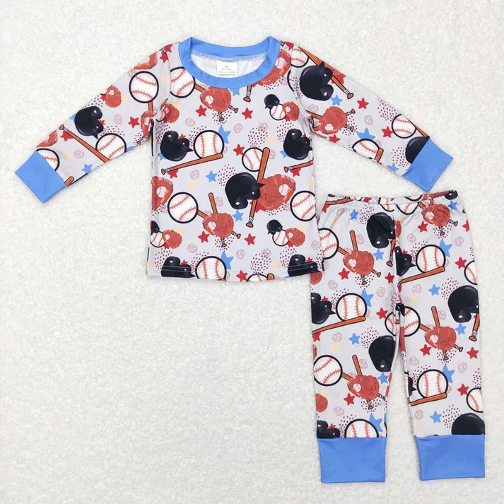 RTS NO MOQ Cob-Glove-Stick Blue Long Sleeve Long Pants Pajama Set & Zipper Pullover Long Sleeve Top