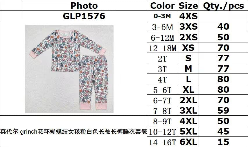 bamboo rts no moq GLP1576 Girls bow girl pink and white long sleeve trousers pajamas set