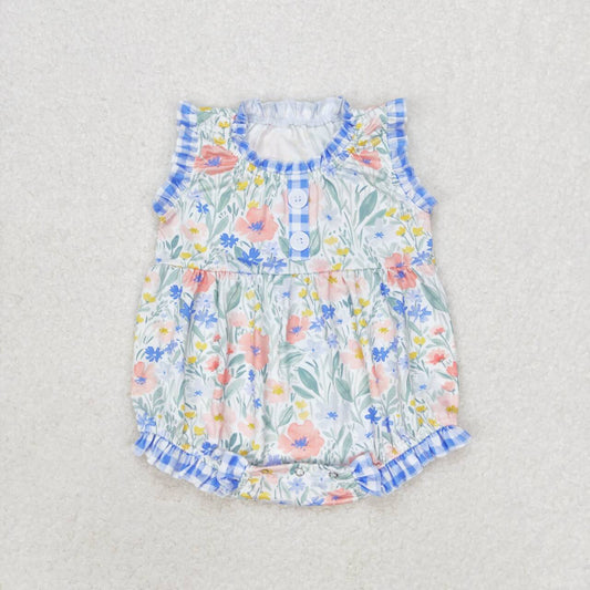 RTS no moq sr1345 SR1345 Floral blue and white plaid lace vest jumpsuit