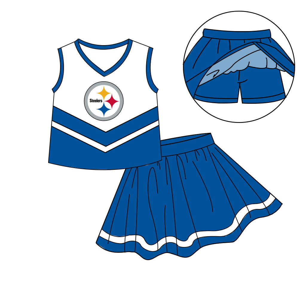 Custom moq 5 mix size milk silk eta 6-8weeks summer team sky blue baby girls clothes team sleeveless skirts shorts sets-25.7.11