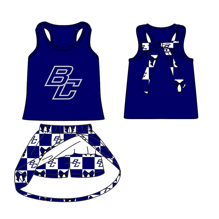 Custom moq 5 mix size milk silk summer teams Baby Girl Navy Blue Sleeveless Top Skirts Set Dress And Shorts Yoga Checked Outfit Boy's Checked Short-Sleeved Polo Shirt And Romper