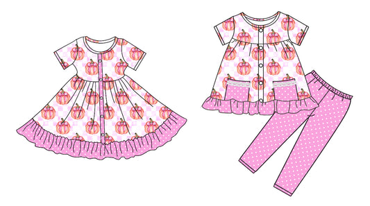 4.26 custom each style moq 5eta 4-6week Sibling Sister pumpkin baby girl pants sets and dress match family design