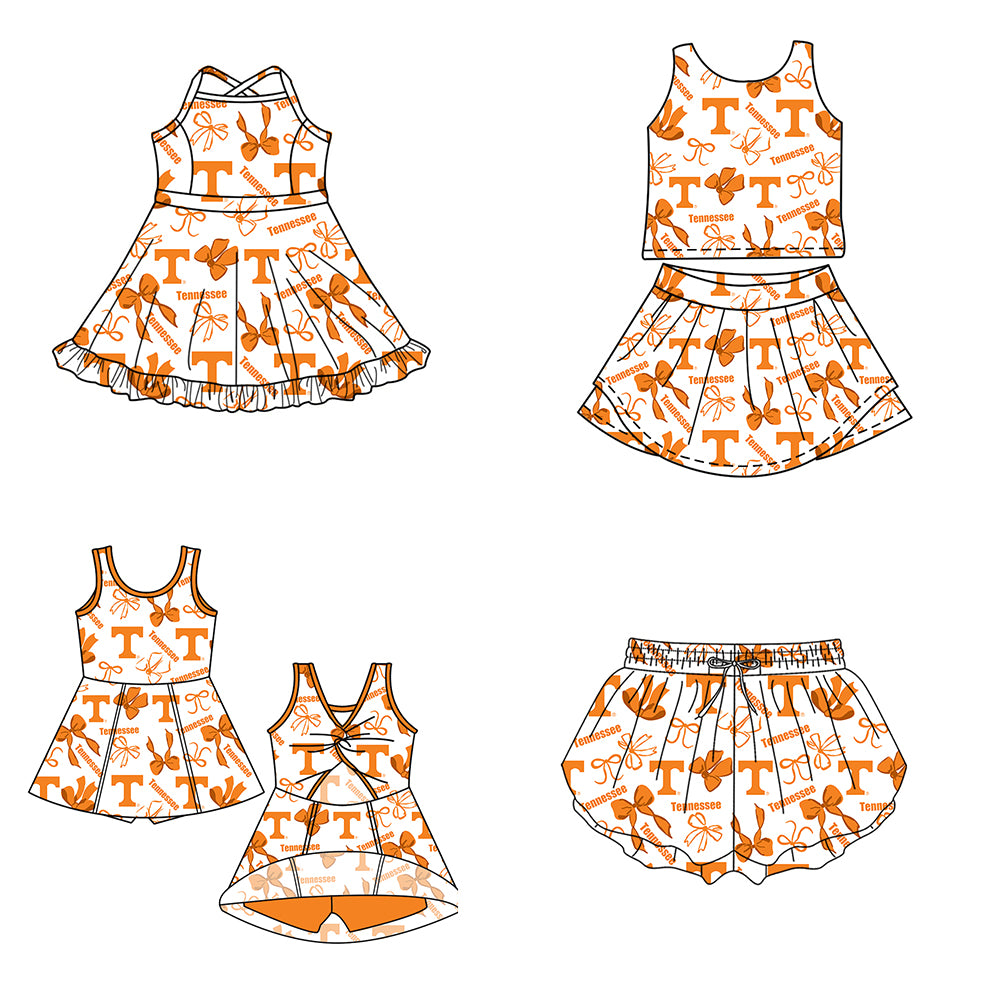 Custom moq 5 mix size milk silk summer teams Baby Girls Orange Bow Vest Top Skirt Shorts Sets Sleeveless Yoga Knee Length Dresses Yoga Shorts