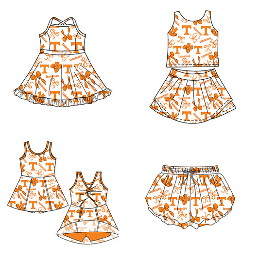 Custom moq 5 mix size milk silk summer teams Baby Girls Orange Bow Vest Top Skirt Shorts Sets Sleeveless Yoga Knee Length Dresses Yoga Shorts