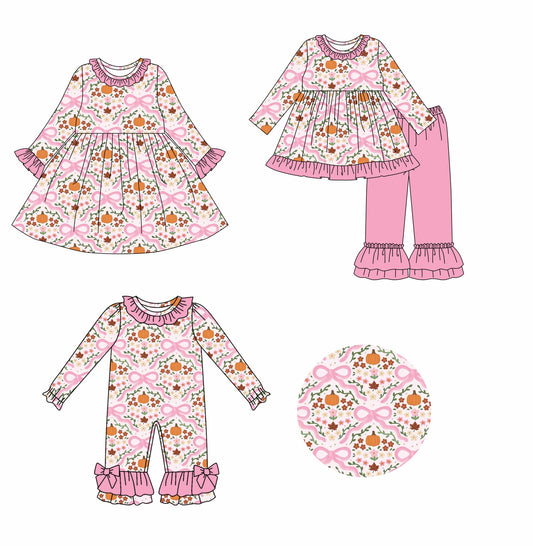 25.7.22 custom each style moq 5eta 4-6week Sibling Sisters pumpkin bow baby girl long sleeve pants sets and dress and rompers match family design