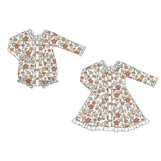 4.25 custom each style moq 5eta 4-6week Sibling Sisters floral baby girl long sleeve dress and rompers match family design