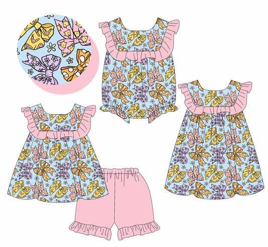 25.10.29 custom each style moq 5 eta 6-8week Sibling Sister bow floral baby short sleeve shorts sets and romper and dress match design