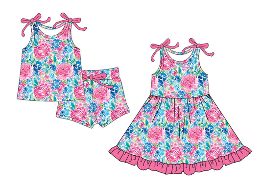 4.14 custom each style moq 5eta 4-6week Sibling Sister floral baby girl short sleeve shorts sets and dresses match design