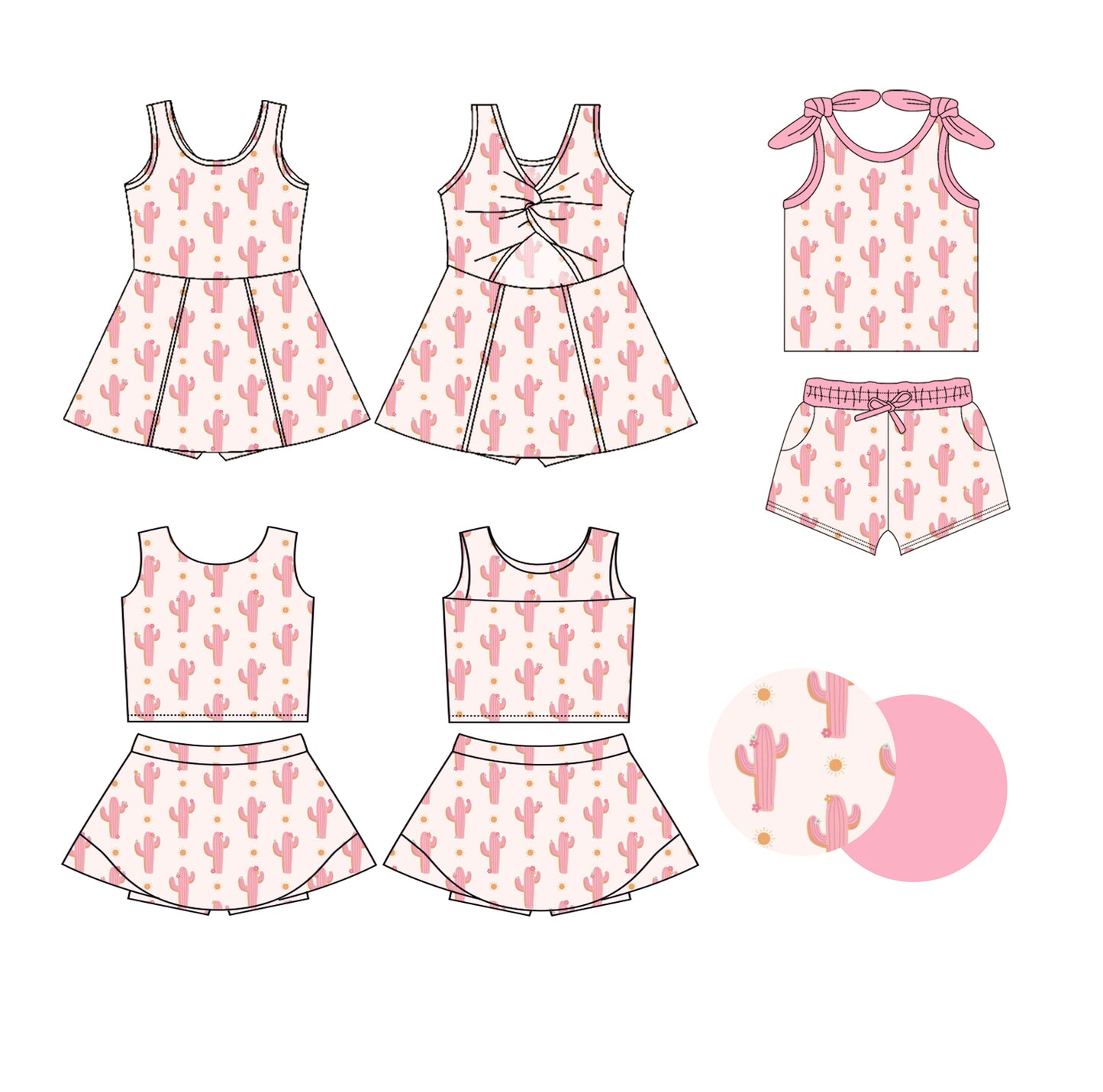 25.6.3 custom each style moq 5eta 4-6week Sibling Sister catcus pink baby girl short sleeve shorts sets and skirts sets and dress match design