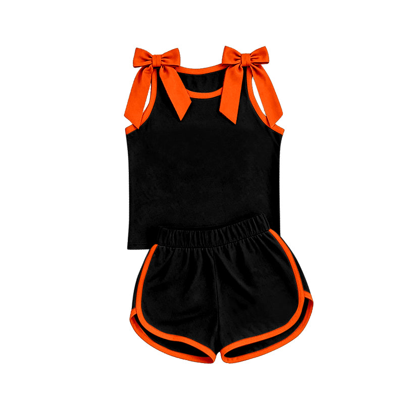 custom moq 5 mix size Baby Girls Orange Bow Sleeveless Black Top Shorts Team Athletic Set