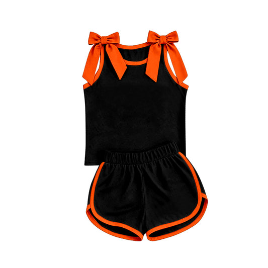custom moq 5 mix size Baby Girls Orange Bow Sleeveless Black Top Shorts Team Athletic Set