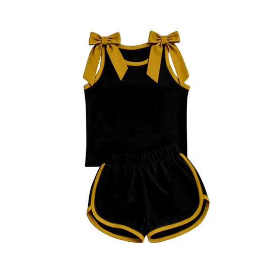 custom moq 5 mix size Baby Girls Bow Black Sleeveless Top Shorts Clothes Set
