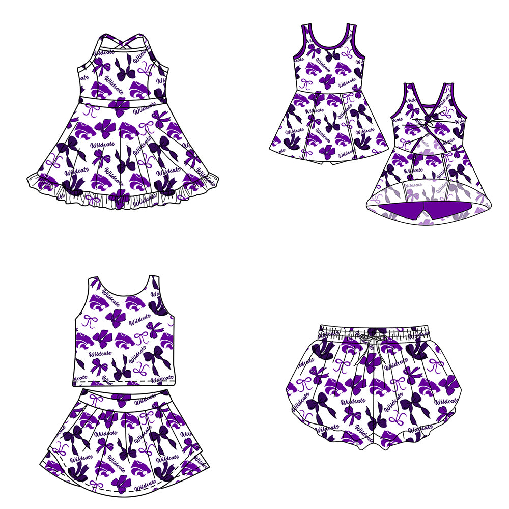 Custom moq 5 mix size milk silk summer teams Baby Girls Purple Black Bow Vest Top Skirt Shorts Sets Sleeveless Knee Length Dresses Yoga Shorts Yoga Active Outfit