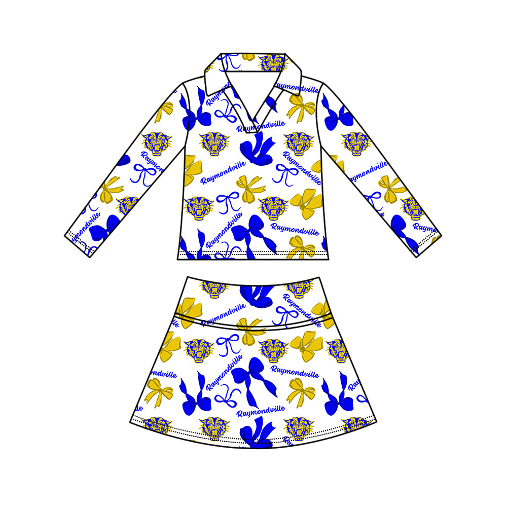 Custom moq 5 mix size milk silk summer teams Girls Blue Polka Dot Top Shorts Set Top Skirt Short Set Zipper Pullover Jogger Pants Set Pullover Tops