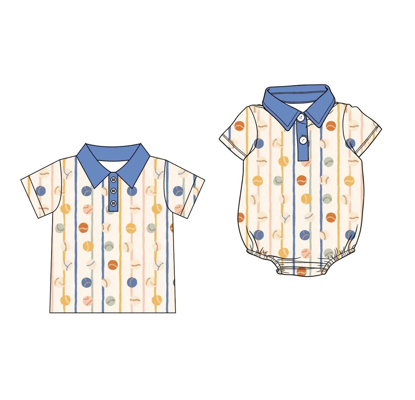 Custom moq 5 mix size Sibling Baby Boys Short-Sleeved Polo Shirt Baseball Print Romper Outfit