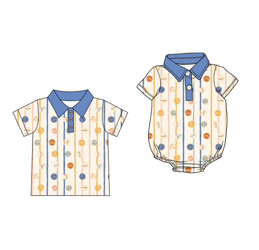 Custom moq 5 mix size Sibling Baby Boys Short-Sleeved Polo Shirt Baseball Print Romper Outfit