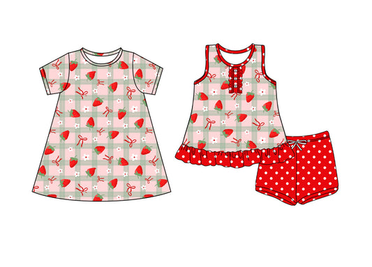 4.4 custom each style moq 5eta 4-6week Sibling Sister strawberry bow baby girl short sleeve shorts sets and dresses match design