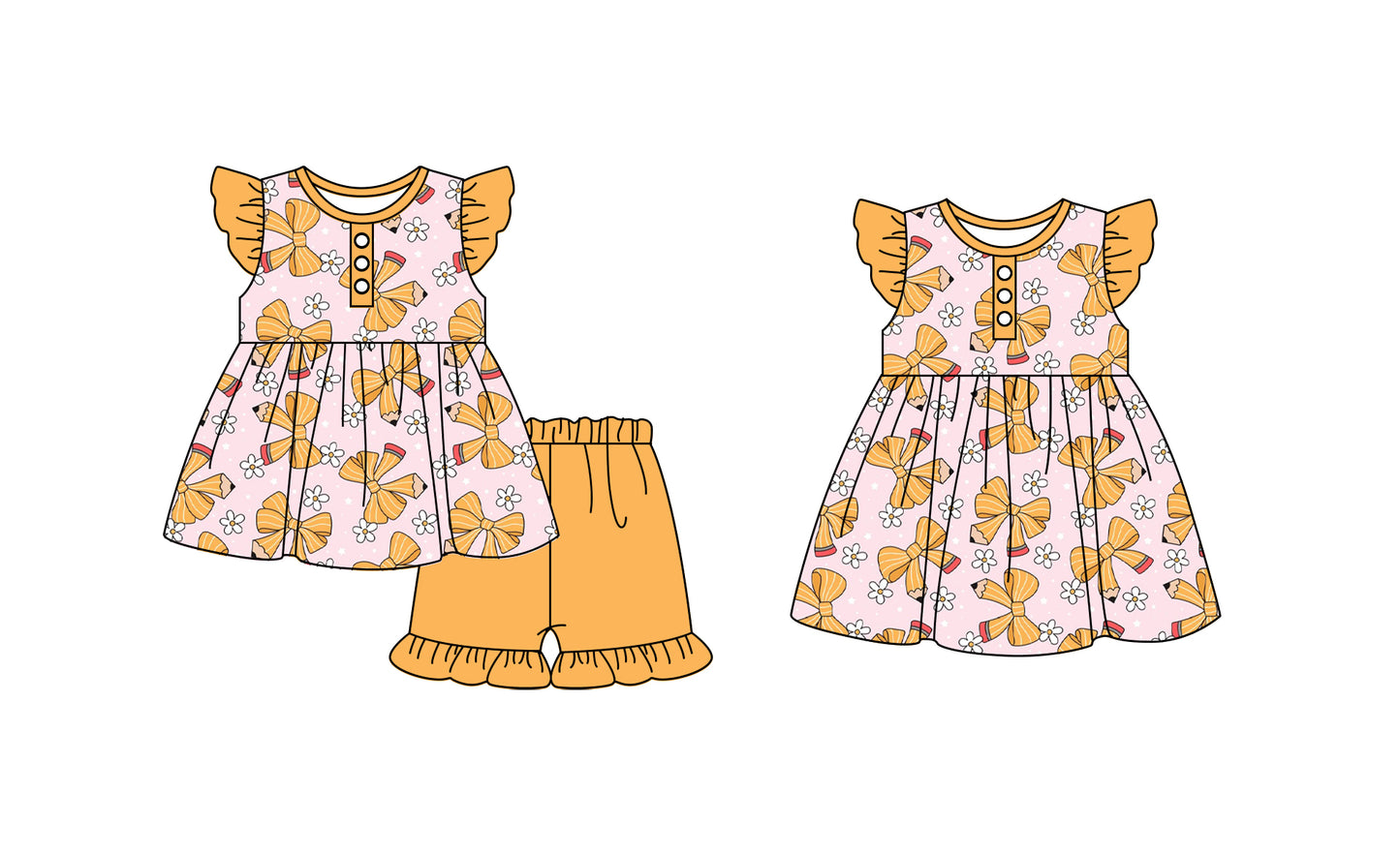 11.23 custom each style moq 5eta 4-6week Sibling Sister pencil bow baby girl short sleeve shorts sets and dresses match design