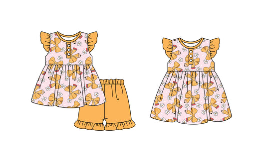 11.23 custom each style moq 5eta 4-6week Sibling Sister pencil bow baby girl short sleeve shorts sets and dresses match design