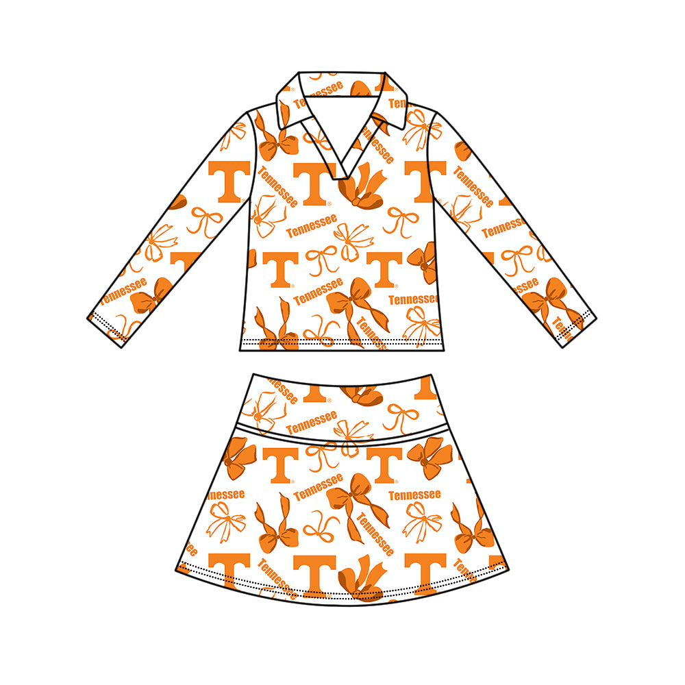 Custom moq 5 mix size summer teams Girls Polka Dot Top Shorts Set Orange Bows Top Skirt Short Set Zipper Pullover Pants Set