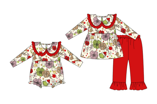 25.5.15 custom each style moq 5eta 4-6week Sibling Sisters floral red baby girl long sleeve pants sets and rompers match family design