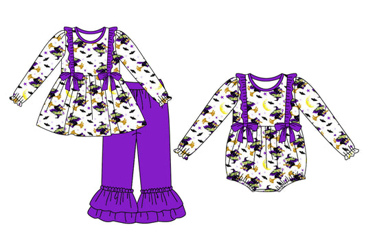 25.5.8 custom each style moq 5eta 4-6week Sibling Sisters purple baby girl long sleeve pants sets and rompers match family design