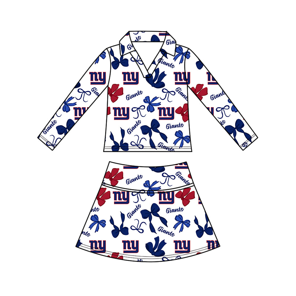 Custom moq 5 mix size summer teams Girls Polka Dot Top Shorts Set Bows Print Top Skirt Set Blue Zipper Pullover Pants Set
