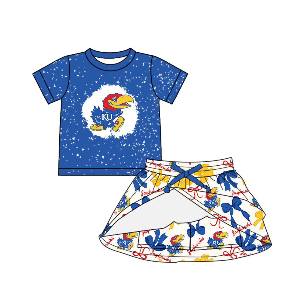 Custom moq 5 mix sizes summer teams baby girls clothes team blue short sleeve skirts shorts sets dress 1 and dress 2 and dress 3 and dress 4-25.5.22