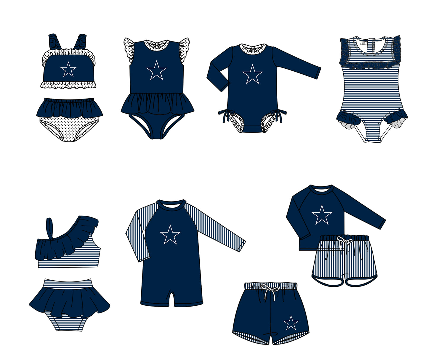 Custom moq 5 mix size milk silk summer teams baby girl boys clothes Navy Blue Two-Piece Swimsuit Set One Piece Swimsuits boy swim trunks
