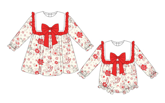 25.10.2 custom each style moq 8 eta 6-8week Sibling Sisters floral baby girl long sleeve dress and rompers match family design