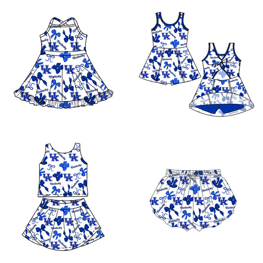 Custom moq 5 mix size milk silk summer teams Blue Bow Baby Girls Vest Top Skirt Shorts Sets Sleeveless Yoga Knee Length Dresses Yoga Shorts