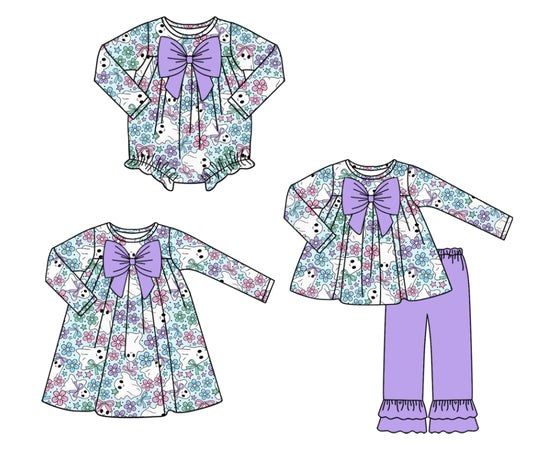 25.7.10 custom each style moq 5eta 4-6week Sibling Sisters ghost floral baby girl long sleeve pants sets and dress and rompers match family design