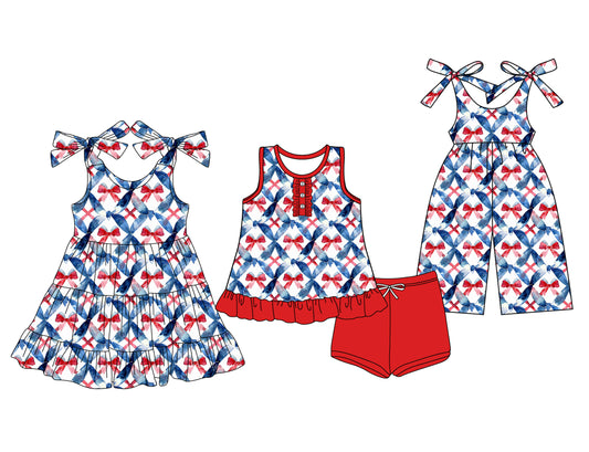 3.14 custom each style moq 5eta 4-6week Sibling Sister bow baby girl short sleeve shorts sets and dresses and jumpsuit match design