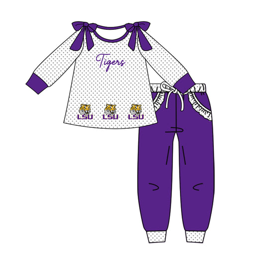 Custom moq 5 mix size milk silk summer teams baby girl clothes purple long sleeve pants sets-25.10.14