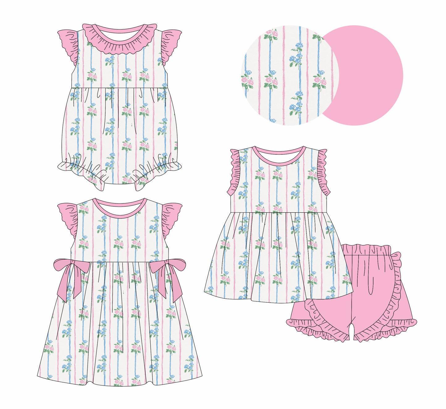 25.12.27 custom each style moq 5 eta 6-8week Sibling Sister floral baby short sleeve shorts sets and romper and dress match design