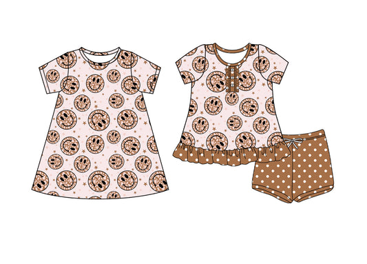 4.9 custom each style moq 5eta 4-6week Sibling Sister smiley baby girl short sleeve shorts sets and dresses match design