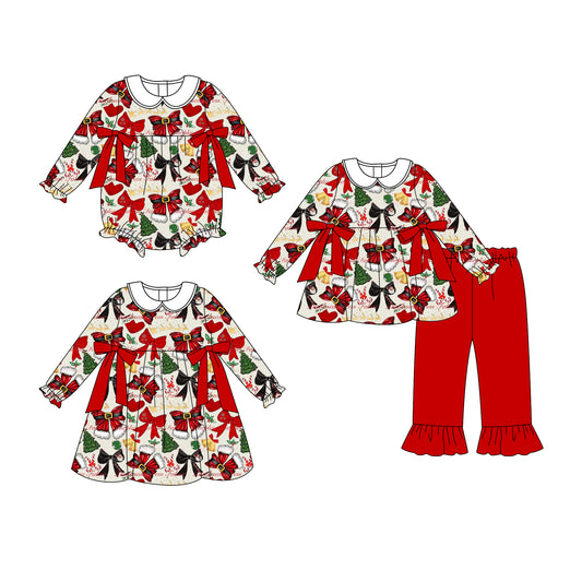 25.6.26 custom each style moq 5eta 4-6week Sibling Sisters Christmas bow red baby girl long sleeve pants sets and dress and rompers match family design
